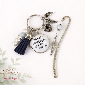 Minden pedagógus egy kicsit anya is sötétkék kulcstartó és üveglencsés könyvjelző szett, Táska & Tok, Kulcstartó & Táskadísz, Kulcstartó, Ékszerkészítés, Gyöngyfűzés, gyöngyhímzés, MESKA