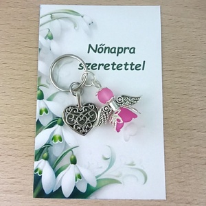 Nőnapi ajándék - pink angyal kulcstartó ajándékkártyával, választható medállal és kártyával, Táska & Tok, Kulcstartó & Táskadísz, Kulcstartó, Ékszerkészítés, Gyöngyfűzés, gyöngyhímzés, MESKA