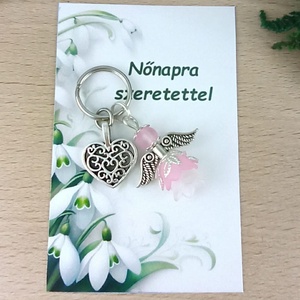 Nőnapi ajándék - rózsaszín angyal kulcstartó ajándékkártyával, választható medállal és kártyával, Táska & Tok, Kulcstartó & Táskadísz, Kulcstartó, Ékszerkészítés, Gyöngyfűzés, gyöngyhímzés, MESKA