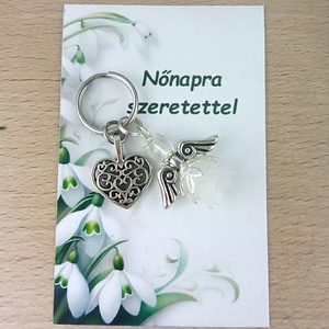 Nőnapi ajándék - fehér angyal kulcstartó ajándékkártyával, választható medállal és kártyával, Táska & Tok, Kulcstartó & Táskadísz, Kulcstartó, Ékszerkészítés, Gyöngyfűzés, gyöngyhímzés, MESKA