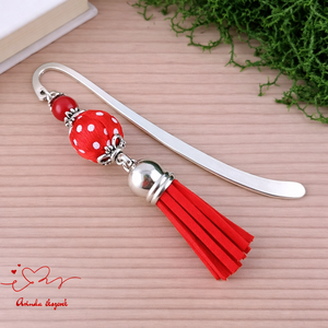 Piros vidám pöttyös bojtos könyvjelző � kedves ajándék pedagógusnak , Könyv & Zene, Könyvjelző, Ékszerkészítés, Gyöngyfűzés, gyöngyhímzés, MESKA