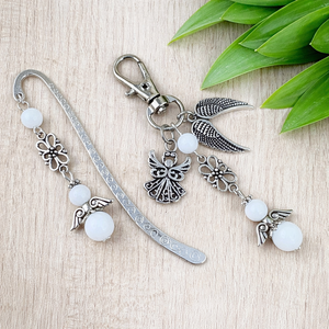 Fehér jade angyal könyvjelző és kulcstartó szett � ásvány ajándék, Könyv & Zene, Könyvjelző, Ékszerkészítés, Gyöngyfűzés, gyöngyhímzés, MESKA