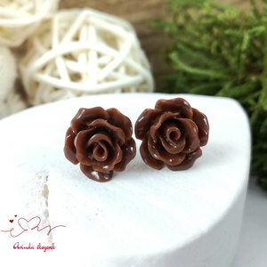 Barna rózsás bedugós fülbevaló � 10 mm, nemesacél alapú elegáns virág ékszer, Ékszer, Fülbevaló, Pötty fülbevaló, Ékszerkészítés, Gyöngyfűzés, gyöngyhímzés, MESKA