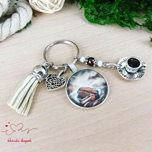 Kávés idézetes kulcstartó bézs bojttal � ajándék kávérajongóknak, nőnapi meglepetés - táska & tok - kulcstartó & táskadísz - kulcstartó - Meska.hu