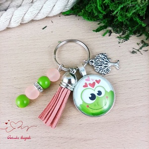 Békás üveglencsés kulcstartó rózsaszín bojttal � cuki ajándék gyerekeknek, Táska & Tok, Kulcstartó & Táskadísz, Kulcstartó, Ékszerkészítés, Gyöngyfűzés, gyöngyhímzés, MESKA