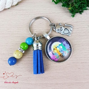 Mesés cicás üveglencsés kulcstartó kék bojttal � ajándék macskarajongóknak, Táska & Tok, Kulcstartó & Táskadísz, Kulcstartó, Ékszerkészítés, Gyöngyfűzés, gyöngyhímzés, MESKA