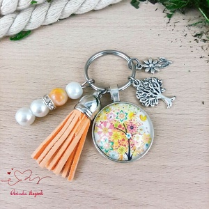 Életfás üveglencsés kulcstartó narancs bojttal � családi ajándék Family charm, Táska & Tok, Kulcstartó & Táskadísz, Kulcstartó, Ékszerkészítés, Gyöngyfűzés, gyöngyhímzés, MESKA