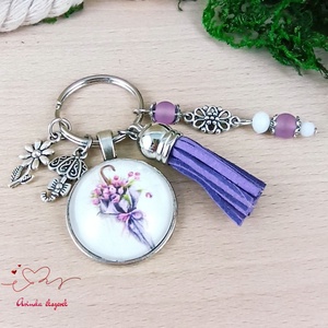 Virágcsokor mintás üveglencsés kulcstartó lila bojttal � romantikus ajándék nőknek - táska & tok - kulcstartó & táskadísz - kulcstartó - Meska.hu