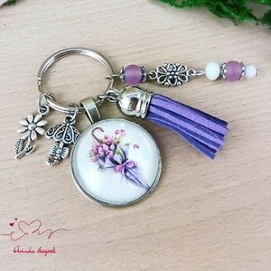 Virágcsokor mintás üveglencsés kulcstartó lila bojttal � romantikus ajándék nőknek - Meska.hu