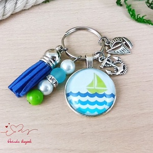 Vitorlás hajó mintás üveglencsés kulcstartó kék bojttal � tengerész ajándék - táska & tok - kulcstartó & táskadísz - kulcstartó - Meska.hu