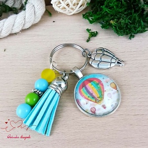 Hőlégballon mintás üveglencsés kulcstartó kék bojttal � utazás ajándék - táska & tok - kulcstartó & táskadísz - kulcstartó - Meska.hu