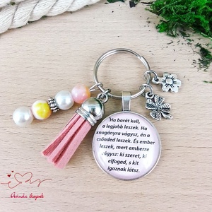 Barátság idézetes üveglencsés kulcstartó rózsaszín bojttal � barátnő ajándék, Táska & Tok, Kulcstartó & Táskadísz, Kulcstartó, Ékszerkészítés, Gyöngyfűzés, gyöngyhímzés, MESKA