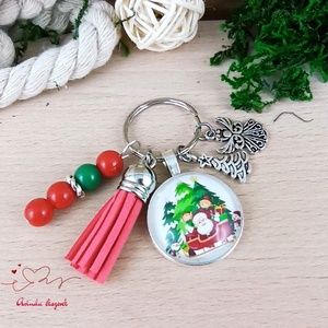 Karácsonyi Mikulás mintás üveglencsés kulcstartó piros bojttal � ünnepi ajándék - táska & tok - kulcstartó & táskadísz - kulcstartó - Meska.hu