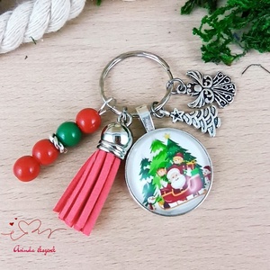 Karácsonyi Mikulás mintás üveglencsés kulcstartó piros bojttal � ünnepi ajándék - Meska.hu