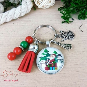 Karácsonyi Mikulás mintás üveglencsés kulcstartó piros bojttal � ünnepi ajándék - Meska.hu