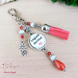 Legjobb barátnő üveglencsés kulcstartó piros bojttal � szívhez szóló ajándék barátnőnek - táska & tok - kulcstartó & táskadísz - kulcstartó - Meska.hu