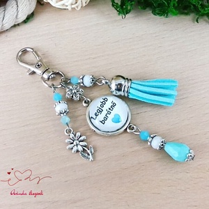 Legjobb barátnő üveglencsés kulcstartó világoskék bojttal � szívhez szóló ajándék barátnőnek - táska & tok - kulcstartó & táskadísz - kulcstartó - Meska.hu