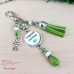 Legjobb barátnő üveglencsés kulcstartó zöld bojttal � szívhez szóló ajándék barátnőnek - táska & tok - kulcstartó & táskadísz - kulcstartó - Meska.hu