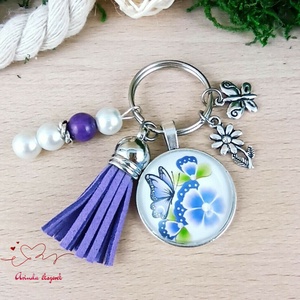 Pillangós virágmintás üveglencsés kulcstartó lila bojttal � romantikus ajándék nőknek, Táska & Tok, Kulcstartó & Táskadísz, Kulcstartó, Ékszerkészítés, Gyöngyfűzés, gyöngyhímzés, MESKA