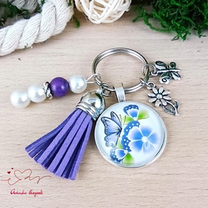 Pillangós virágmintás üveglencsés kulcstartó lila bojttal � romantikus ajándék nőknek - táska & tok - kulcstartó & táskadísz - kulcstartó - Meska.hu