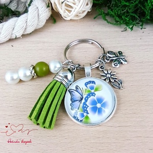 Pillangós virágmintás üveglencsés kulcstartó zöld bojttal � természet ihlette ajándék nőknek - táska & tok - kulcstartó & táskadísz - kulcstartó - Meska.hu