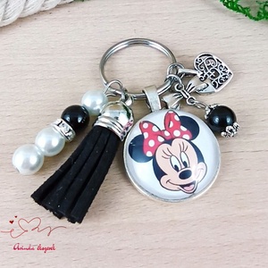 Minnie mintás üveglencsés kulcstartó fekete bojttal � cuki ajándék lányoknak, Táska & Tok, Kulcstartó & Táskadísz, Kulcstartó, Ékszerkészítés, Gyöngyfűzés, gyöngyhímzés, MESKA