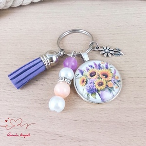 Napraforgós levendulás üveglencsés kulcstartó lila bojttal � nyári ajándék nőknek - táska & tok - kulcstartó & táskadísz - kulcstartó - Meska.hu