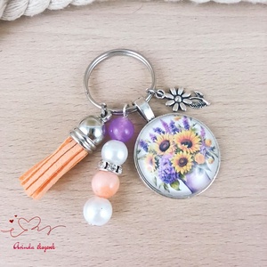 Napraforgós levendulás üveglencsés kulcstartó narancs bojttal � nyári ajándék nőknek, Táska & Tok, Kulcstartó & Táskadísz, Kulcstartó, Ékszerkészítés, Gyöngyfűzés, gyöngyhímzés, MESKA