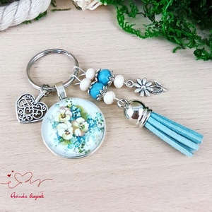 Nefelejcs virágmintás üveglencsés kulcstartó kék bojttal � szívhez szóló ajándék nőknek - táska & tok - kulcstartó & táskadísz - kulcstartó - Meska.hu
