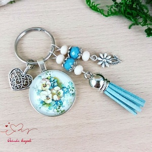 Nefelejcs virágmintás üveglencsés kulcstartó kék bojttal � szívhez szóló ajándék nőknek, Táska & Tok, Kulcstartó & Táskadísz, Kulcstartó, Ékszerkészítés, Gyöngyfűzés, gyöngyhímzés, MESKA