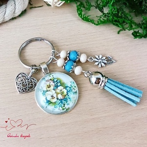 Nefelejcs virágmintás üveglencsés kulcstartó kék bojttal � szívhez szóló ajándék nőknek - táska & tok - kulcstartó & táskadísz - kulcstartó - Meska.hu