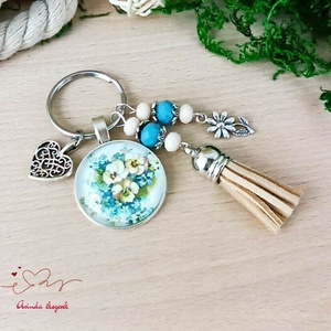 Nefelejcs virágmintás üveglencsés kulcstartó bézs bojttal � szívhez szóló ajándék nőknek - táska & tok - kulcstartó & táskadísz - kulcstartó - Meska.hu