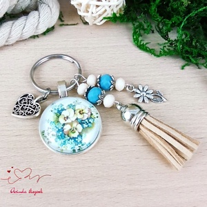 Nefelejcs virágmintás üveglencsés kulcstartó bézs bojttal � szívhez szóló ajándék nőknek - táska & tok - kulcstartó & táskadísz - kulcstartó - Meska.hu