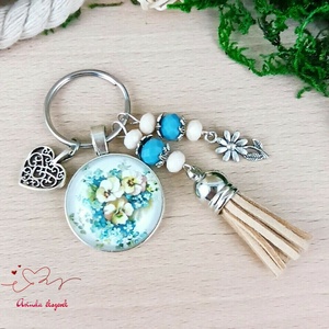 Nefelejcs virágmintás üveglencsés kulcstartó bézs bojttal � szívhez szóló ajándék nőknek, Táska & Tok, Kulcstartó & Táskadísz, Kulcstartó, Ékszerkészítés, Gyöngyfűzés, gyöngyhímzés, MESKA