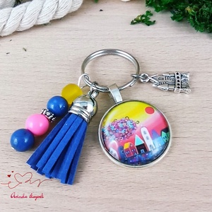 Naplemente színes városkás üveglencsés kulcstartó kék bojttal � vidám ajándék lányoknak - táska & tok - kulcstartó & táskadísz - kulcstartó - Meska.hu