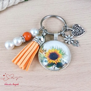 Napraforgó mintás üveglencsés kulcstartó narancs bojttal � vidám nyári ajándék nőknek - táska & tok - kulcstartó & táskadísz - kulcstartó - Meska.hu