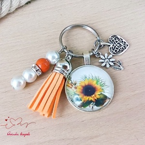Napraforgó mintás üveglencsés kulcstartó narancs bojttal � vidám nyári ajándék nőknek - táska & tok - kulcstartó & táskadísz - kulcstartó - Meska.hu