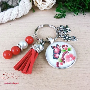 Pillangós virágmintás üveglencsés kulcstartó piros bojttal � nőies ajándék - táska & tok - kulcstartó & táskadísz - kulcstartó - Meska.hu