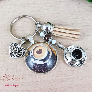 Reggeli energia � kávés üveglencsés kulcstartó bézs bojttal, ajándék kávéimádóknak - táska & tok - kulcstartó & táskadísz - kulcstartó - Meska.hu
