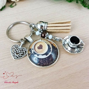 Reggeli energia � kávés üveglencsés kulcstartó bézs bojttal, ajándék kávéimádóknak - táska & tok - kulcstartó & táskadísz - kulcstartó - Meska.hu