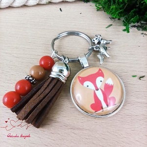 Vidám rókás üveglencsés kulcstartó barna bojttal � erdei mintás ajándék gyerekeknek - táska & tok - kulcstartó & táskadísz - kulcstartó - Meska.hu