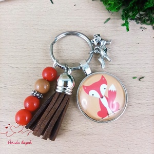 Vidám rókás üveglencsés kulcstartó barna bojttal � erdei mintás ajándék gyerekeknek, Táska & Tok, Kulcstartó & Táskadísz, Kulcstartó, Ékszerkészítés, Gyöngyfűzés, gyöngyhímzés, MESKA