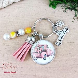 Romantikus rózsaszín autós üveglencsés kulcstartó rózsaszín bojttal � romantikus ajándék nőknek, Táska & Tok, Kulcstartó & Táskadísz, Kulcstartó, Ékszerkészítés, Gyöngyfűzés, gyöngyhímzés, MESKA