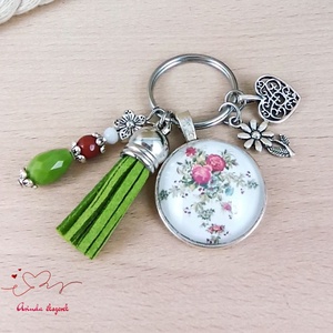 Vintage rózsalugas üveglencsés kulcstartó zöld bojttal � elegáns virágos ajándék nőknek - táska & tok - kulcstartó & táskadísz - kulcstartó - Meska.hu