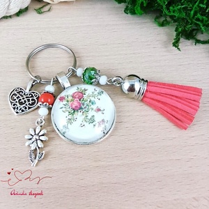 Vintage rózsalugas üveglencsés kulcstartó piros bojttal � elegáns virágos ajándék nőknek - táska & tok - kulcstartó & táskadísz - kulcstartó - Meska.hu