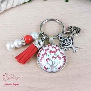 Szív életfa üveglencsés kulcstartó piros bojttal � szeretet ajándék nőknek - táska & tok - kulcstartó & táskadísz - kulcstartó - Meska.hu