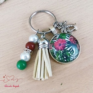 Trópusi virágos kulcstartó bézs bojttal � nyári ajándék nőknek - táska & tok - kulcstartó & táskadísz - kulcstartó - Meska.hu