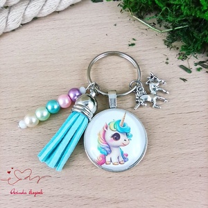 Unikornisos üveglencsés kulcstartó kék bojttal � ajándék gyerekeknek, Táska & Tok, Kulcstartó & Táskadísz, Kulcstartó, Ékszerkészítés, Gyöngyfűzés, gyöngyhímzés, MESKA