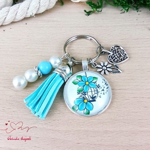Kék virág kalitka üveglencsés kulcstartó bojttal � romantikus ajándék - táska & tok - kulcstartó & táskadísz - kulcstartó - Meska.hu
