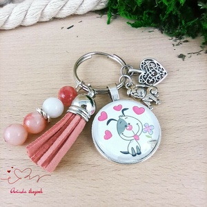Cuki kutyás üveglencsés kulcstartó rózsaszín bojttal � ajándék gyerekeknek - táska & tok - kulcstartó & táskadísz - kulcstartó - Meska.hu